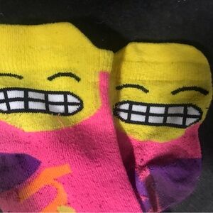 Well worn socks Yellow & Pink Emoji Crew Socks Fun Grin Design used socks.